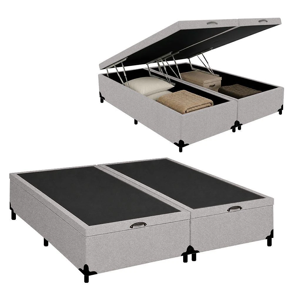Cama Box com Baú Queen Bipartido Suede Cinza Royal Sleep