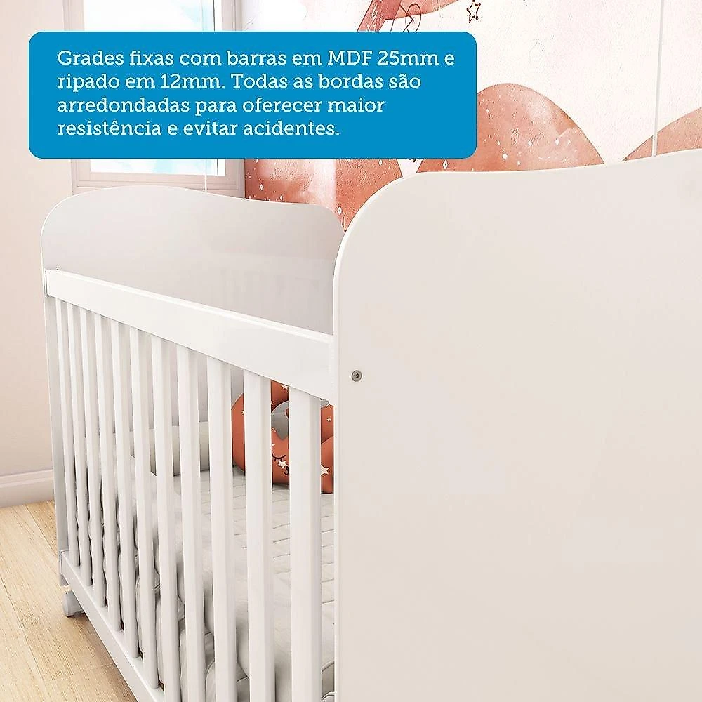 Quarto de Bebê Completo com Guarda Roupa 3 Portas Cômoda e Berço 100% MDF Mimo Espresso Móveis Branco Brilho