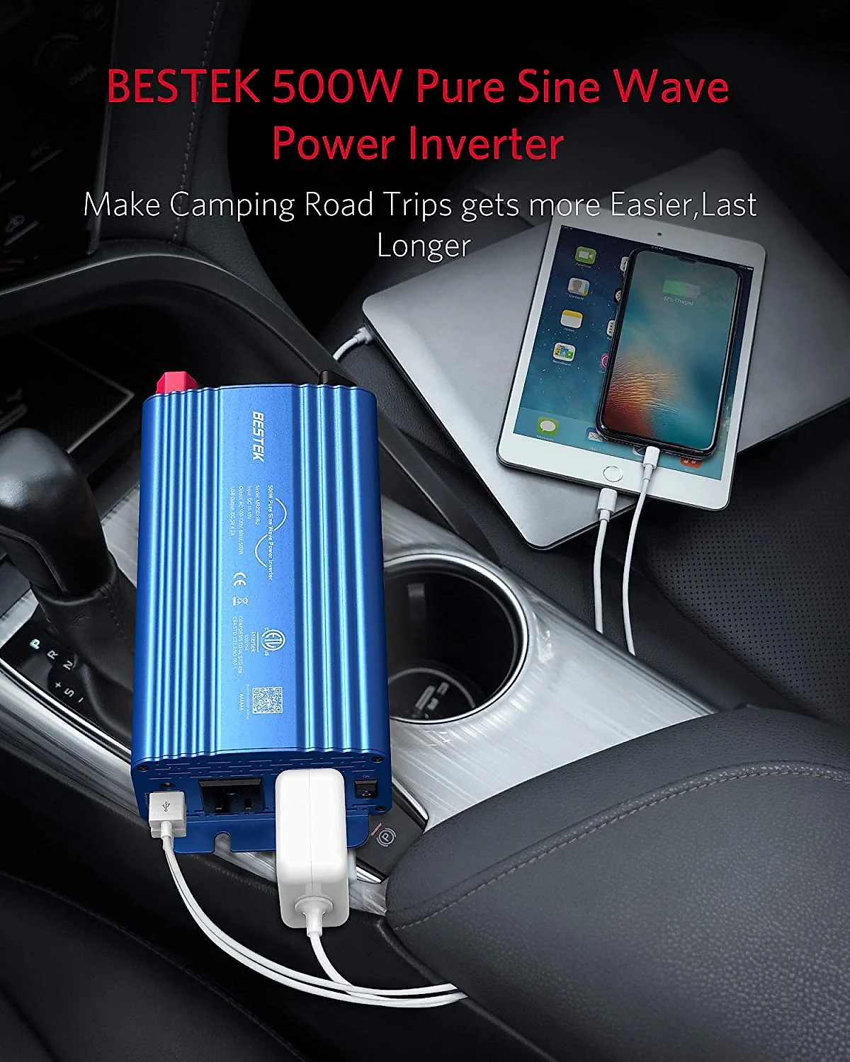 BESTEK Inversor de Potência Automotivo 500W com Portas USB e Duas Tomadas 12V a 110V