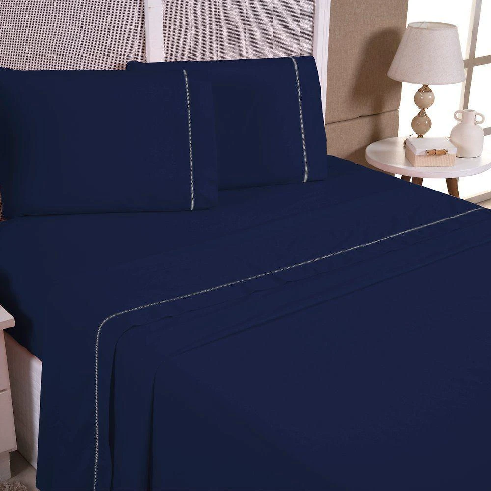Jogo De Cama Aquarela King Micropercal Ponto Palito 04 Peças 200 Fios 100% Poliéster - Azul Marinho