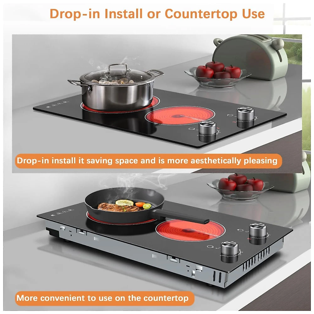 Cooktop Elétrico Karinear 110V 2 Bocas 30cm Controle por Botão Cooktop de Cerâmica Embutido, 9 Níveis de Aquecimento, Aviso de Calor, Proteção contra