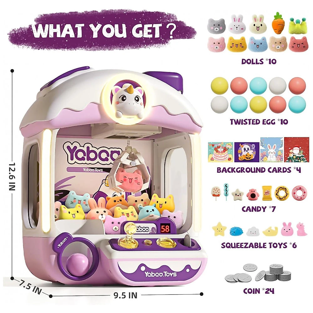 Máquina de Garra Roxa e Lilás Vanvimen – Mini Arcade Infantil Tema Unicórnio com 10 Pelúcias, 10 Ovos, 24 Moedas, Música e Luzes