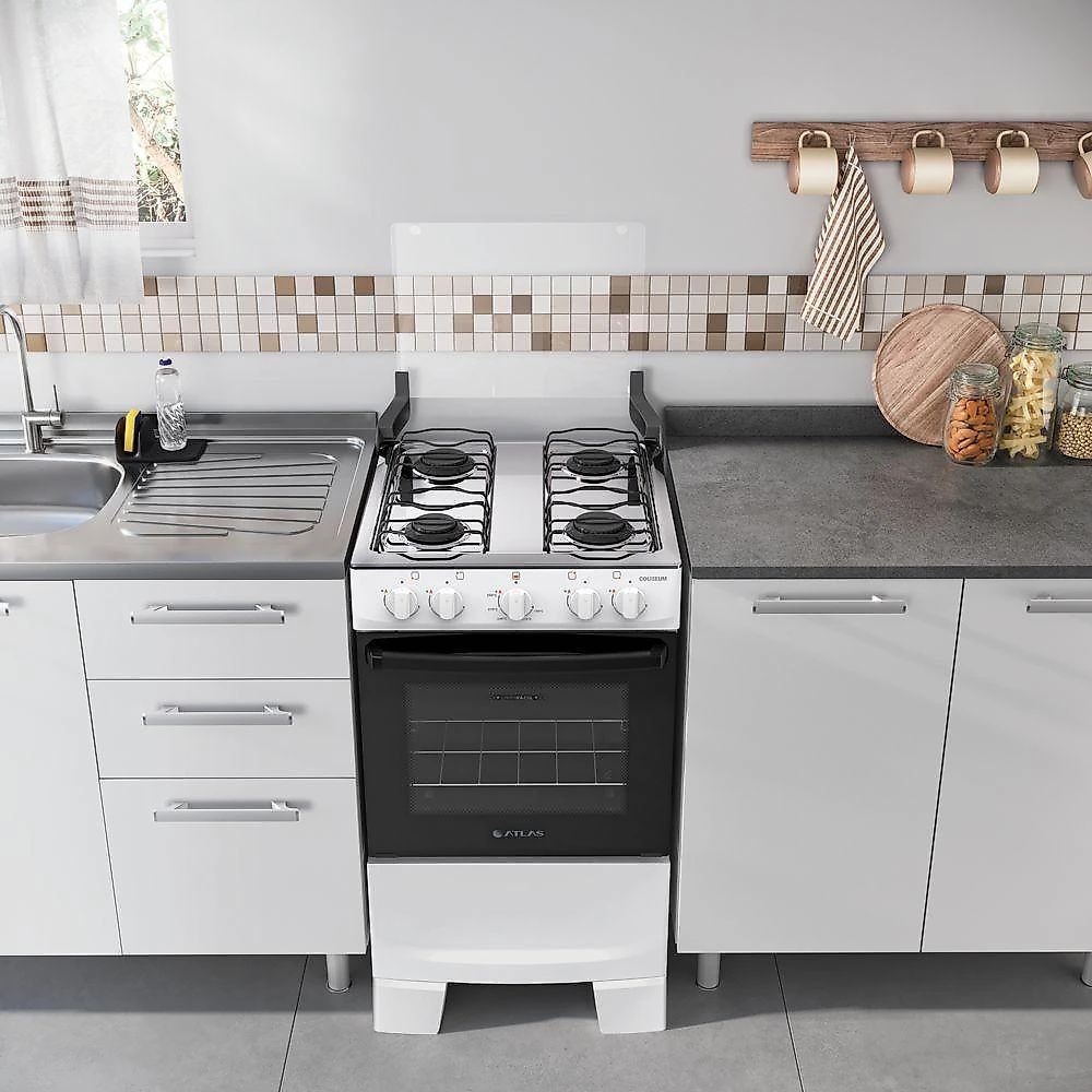 Fogão 4 Bocas Atlas Coliseum Plus Mesa Inox Branco