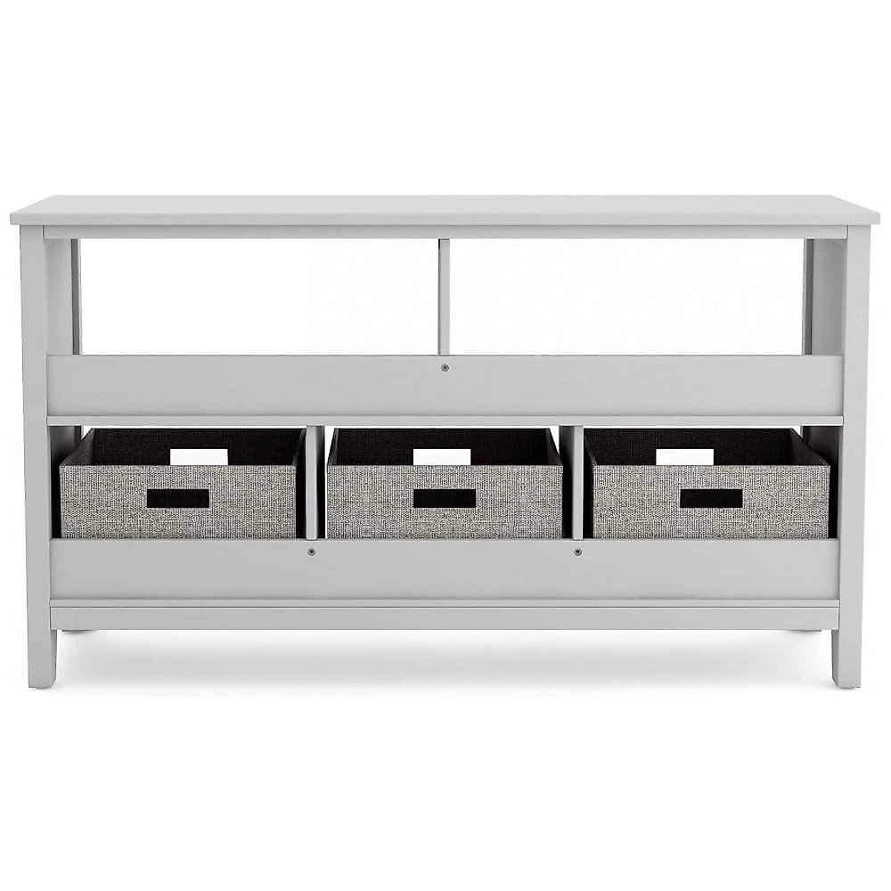 Estante infantil baixa Martha Stewart Living & Learning cinza com nichos e cestos de tecido para quarto e brinquedoteca