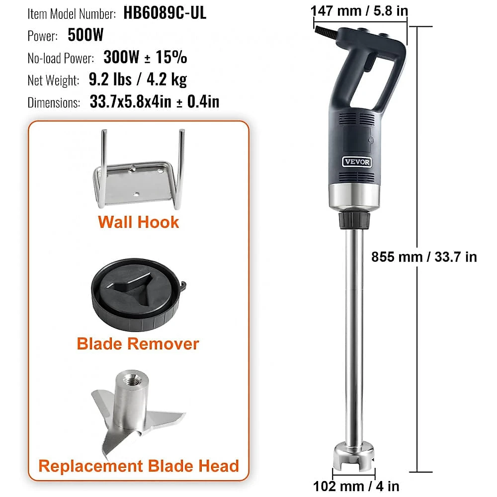 Mixer de Imersão Comercial VEVOR Azul-Marinho 500W 51cm Inox Velocidade Variável 110V