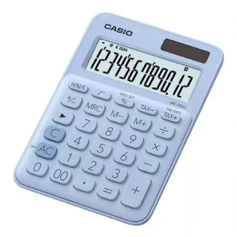 Calculadora de Mesa Casio MS-20UC-LB-W-DC com 12 Dígitos, Visor de Cristal Líquido e Alimentação