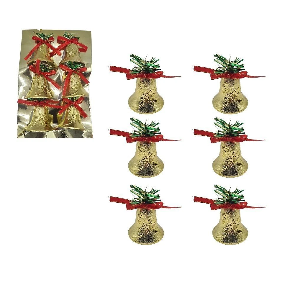 Enfeite de Natal Kit 6 Sinos Dourados com Laço Vermelho Decorativos 5cm