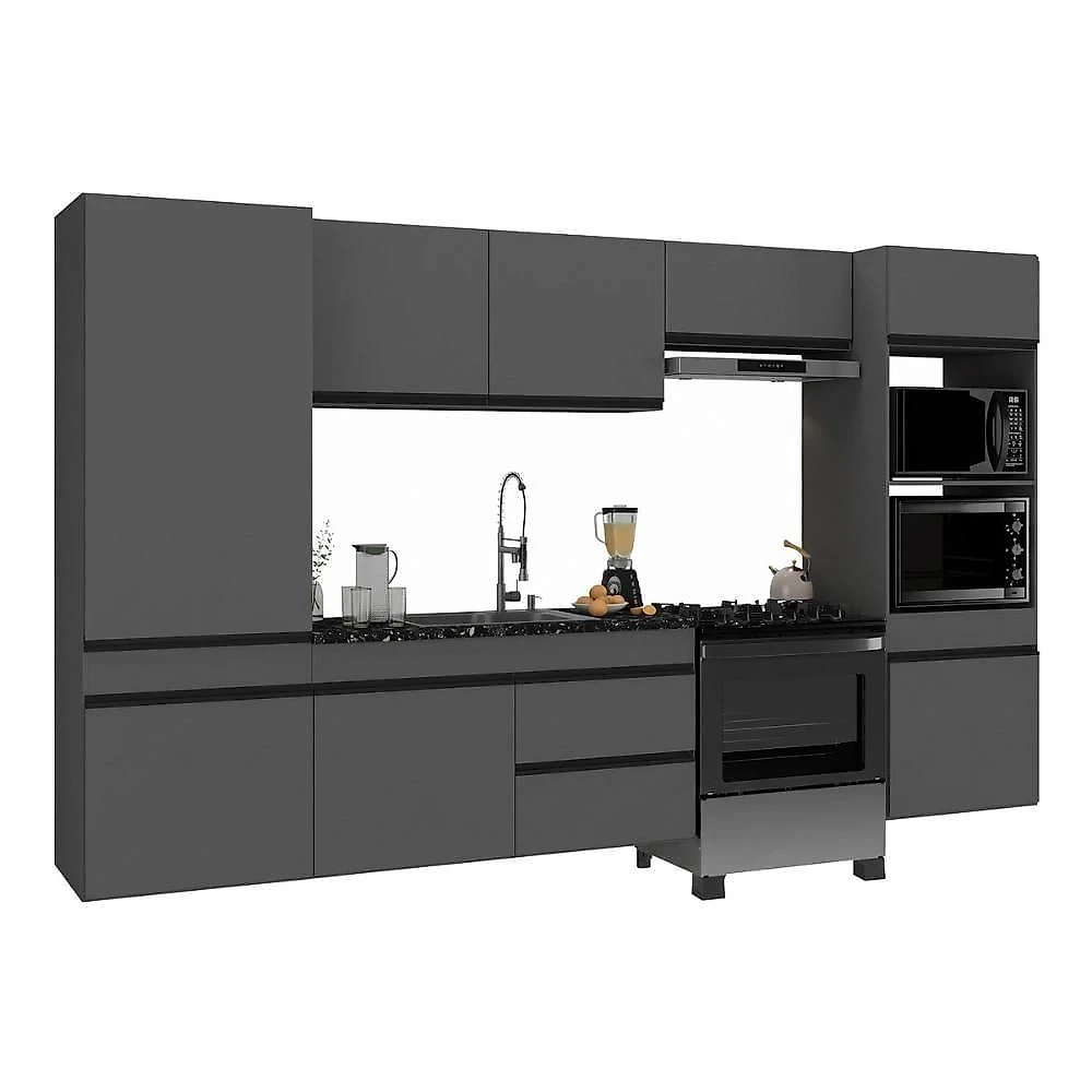 Cozinha Completa Suspensa Milano MP2406 9 Portas 1 Gaveta MDF MDP 313cm Cinza Grafite Multimóveis