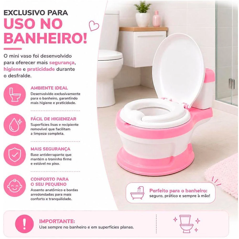 Troninho Privadinha Infantil Desfralde com Assento Redutor Removível Compartimento para Lenços Rosa