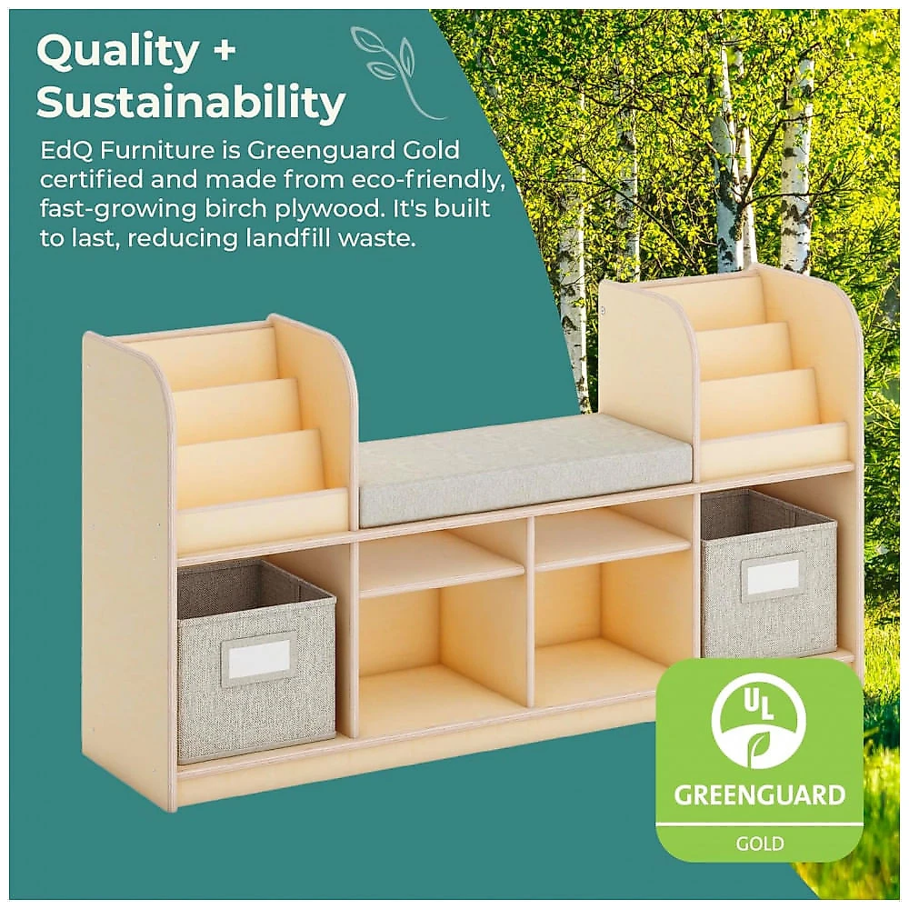 Móvel infantil Guidecraft EdQ Reading Nook natural, estante com assento acolchoado, organizador multiuso com prateleiras e cestos, modelo G80330,