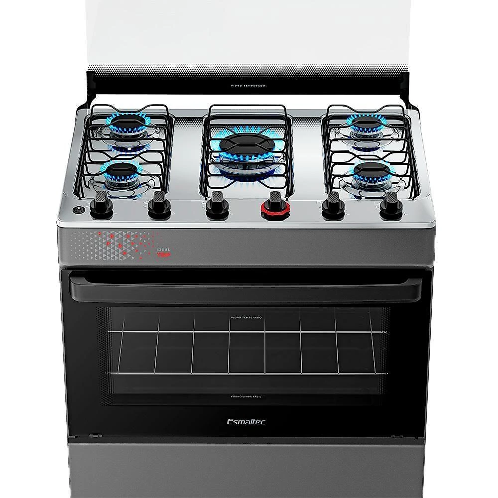 Fogão A Gás Mesa Inox Tampa De Vidro Forno 84L Esmaltec Ideal Top Titanium 5 Bocas Bivolt