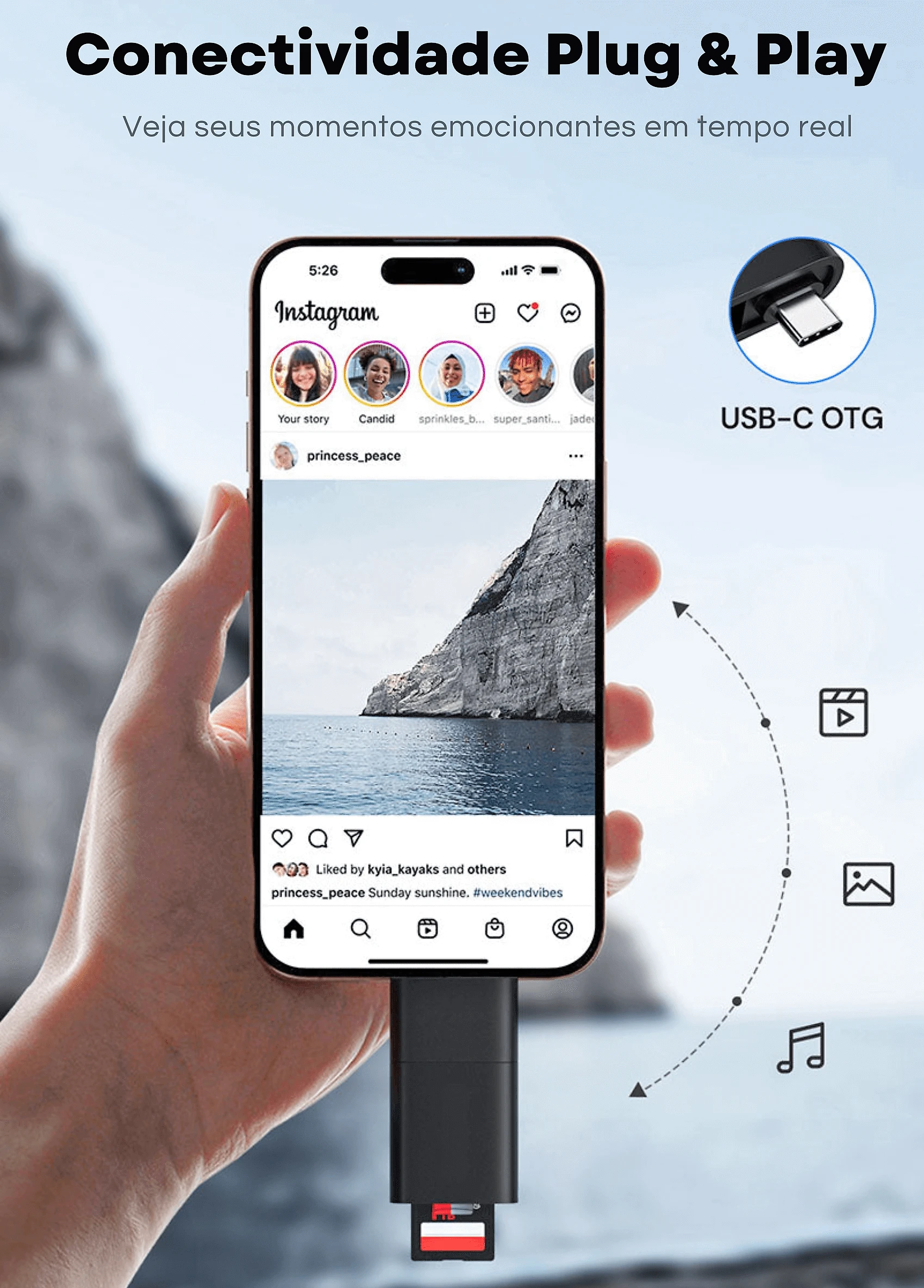 Leitor de Cartão SD/microSD 2 em 1 USB-A + USB-C OTG com Suporte de Chaveiro