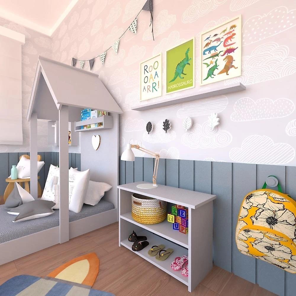Conjunto Infantil Cama Banqueta 2 Nicho e Prateleira Bramov Móveis Cinza Cristal