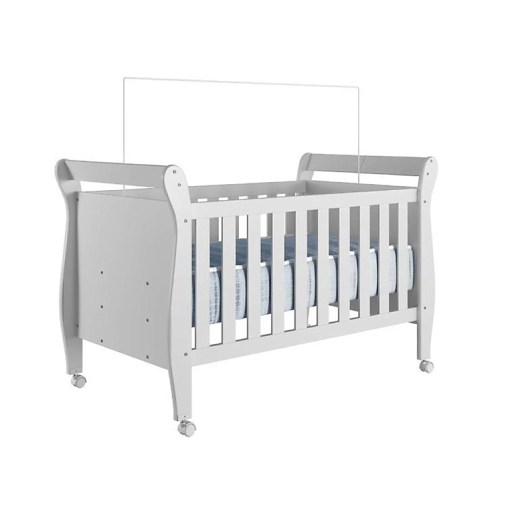Quarto de Bebê Berço Mini Cama, Cômoda 1 Porta 4 Gavetas e Roupeiro Flocos 3 Portas 2 Gavetas Branco