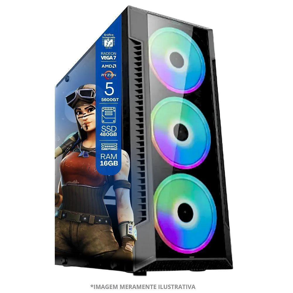 Miniatura Pc Gamer Amd Ryzen 5 5600gt, 16gb Ram, Placa De Video Radeon Vega 7, Ssd 480gb, Fonte 550w + Monitor 23" Led 75hz