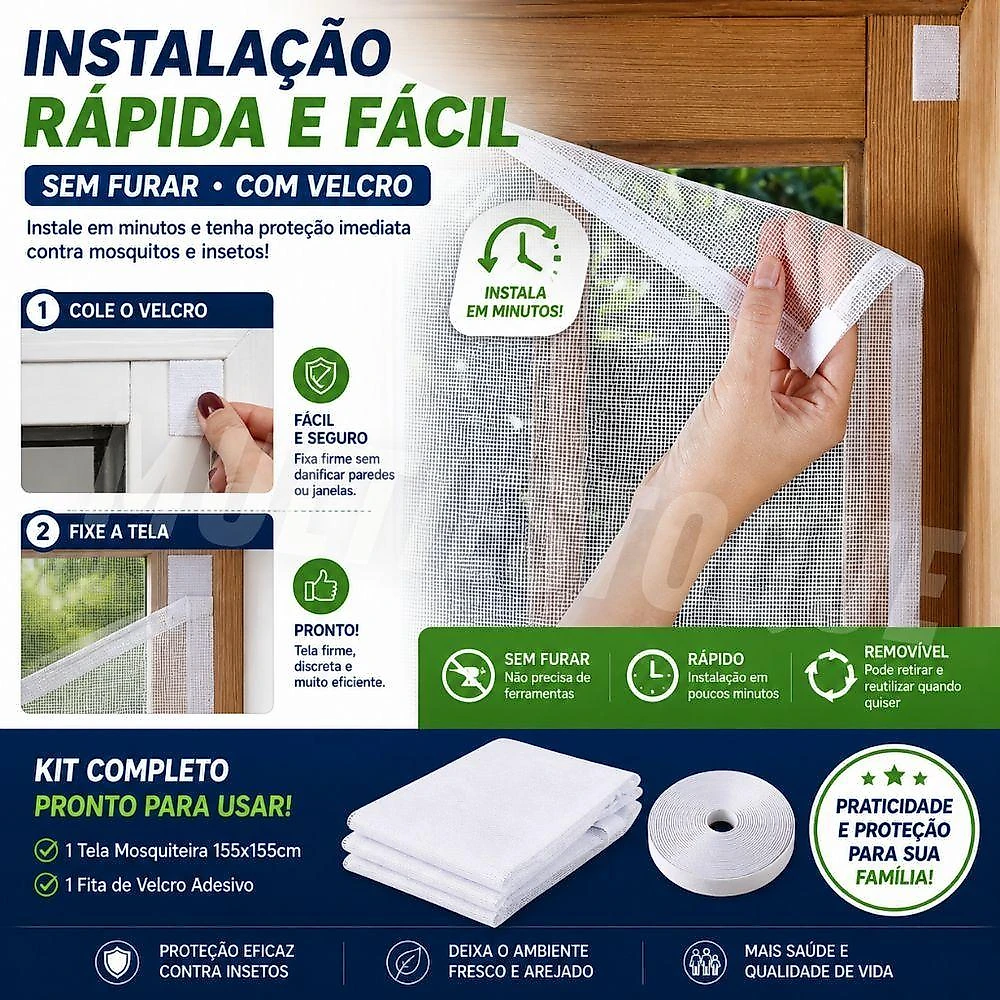 Tela Mosquiteira com Velcro 155x155cm para Proteção de Janelas Vida Pratika