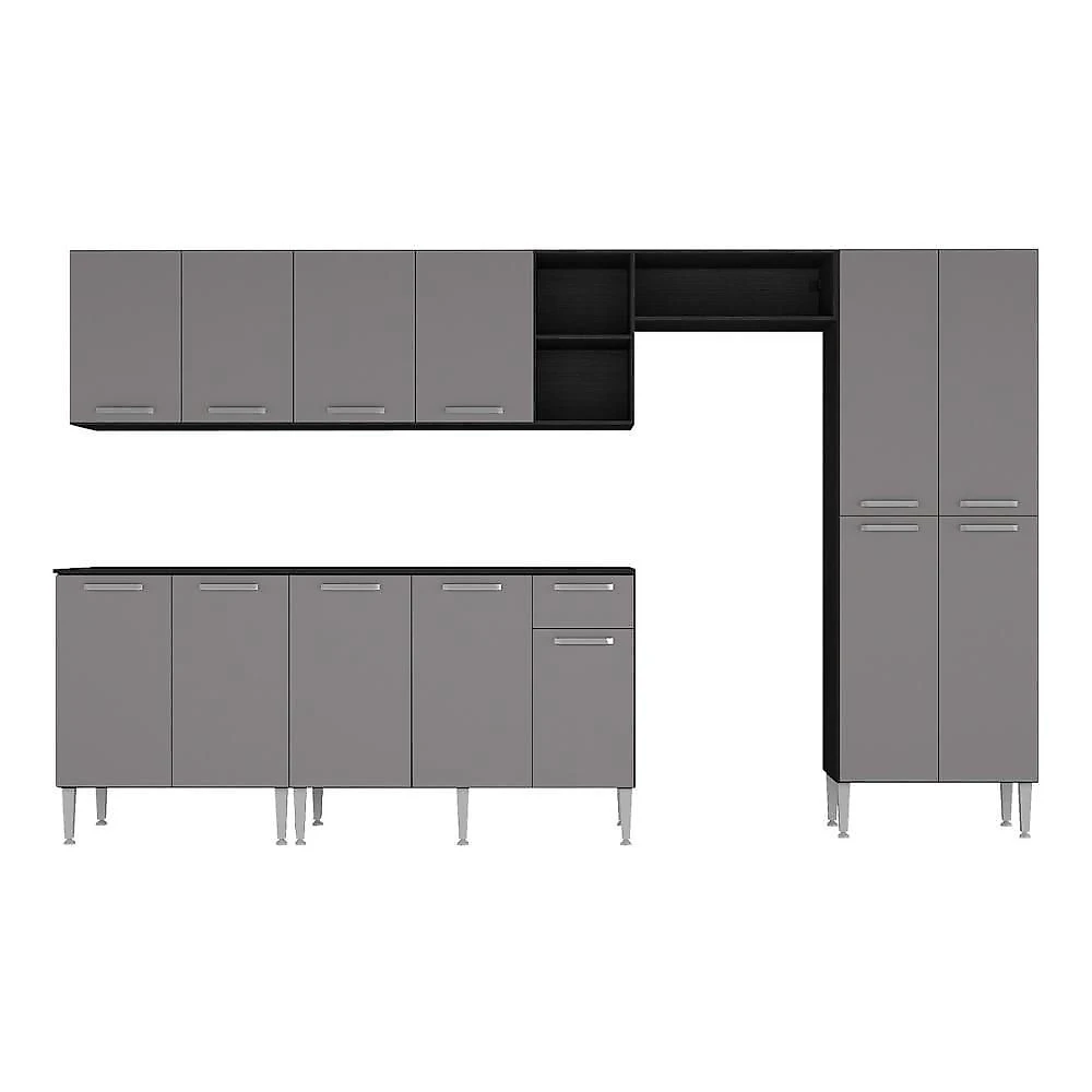 Armário Cozinha Modulada Completa 298cm Pequim Top Multimóveis Mp3769 Preto-lacca Fumê
