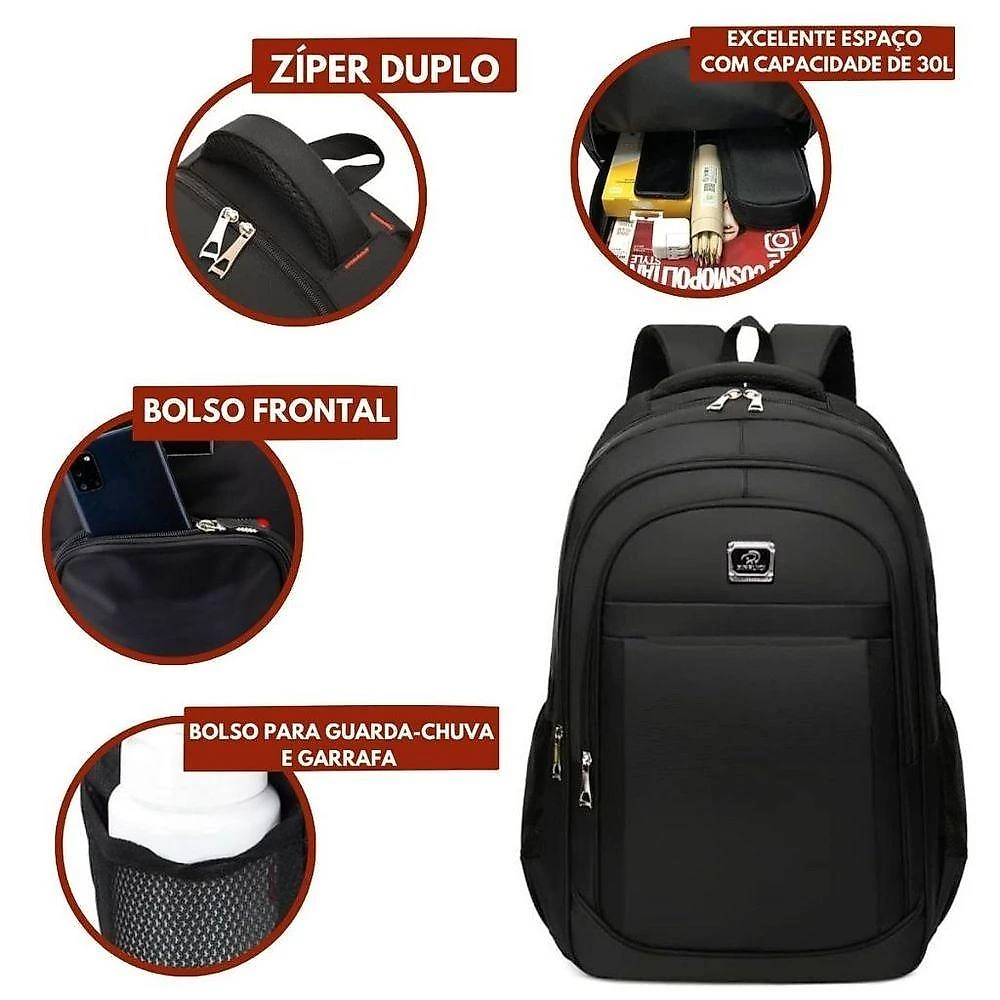 Mochila para Notebook OEM Bolsa Reforçada Trabalho Faculdade 47x30x16cm Preto Unissex