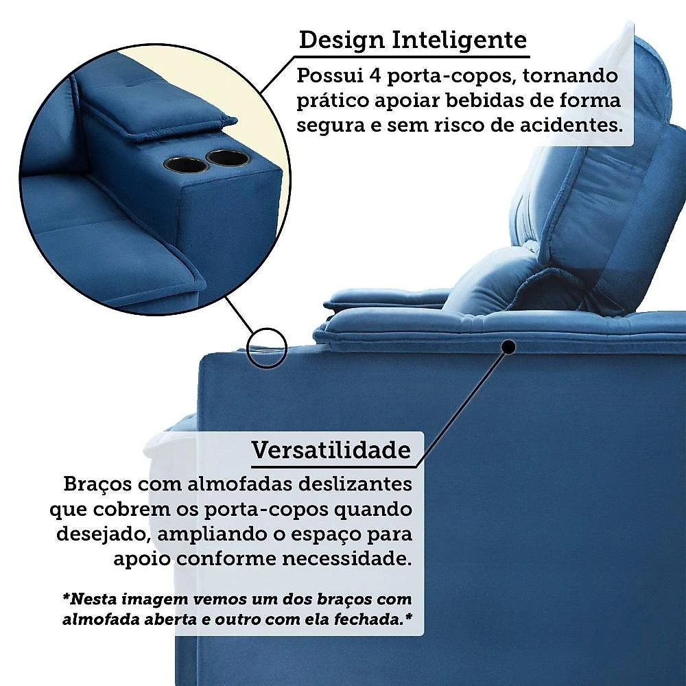 Sofá Retrátil e Reclinável 2 Lugares Bipartido com Porta Copos Cobán Espresso Móveis Azul