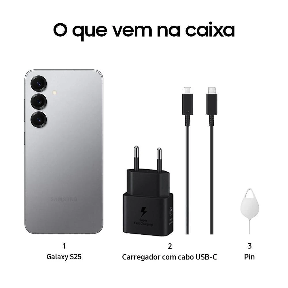 Smartphone samsung galaxy s25 5g prata 256gb, tela de 6.2", 12gb ram, ai inteligência artificial, ip68, processador snapdragon 8 elite e câmera tripla