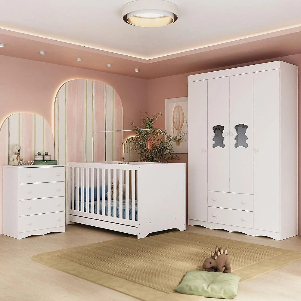 Quarto De Bebê Completo Com Berço Americano 3 Em 1 Colchão Doçura Multimóveis MP4666 Branco