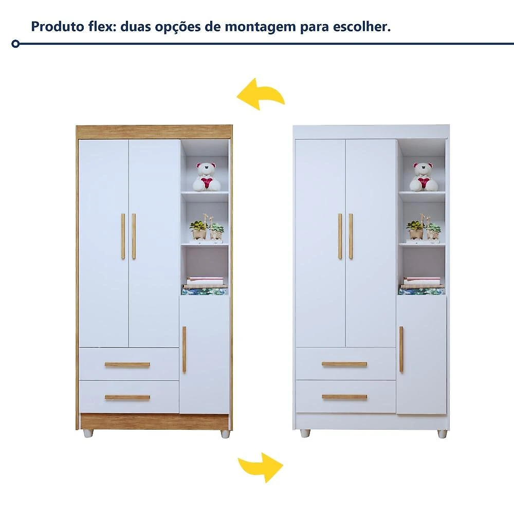 Quarto de Bebê Guarda Roupa 3 Portas e Berço Mini Cama 100% MDF com Colchão Nina  Branco