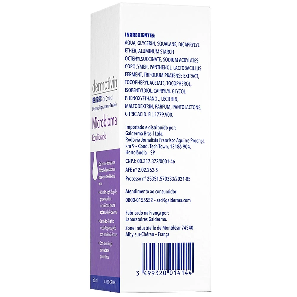 Miniatura Gel Creme Hidratante Dermotivin Benzac Oil Control Microbioma Equilibrado 50ml