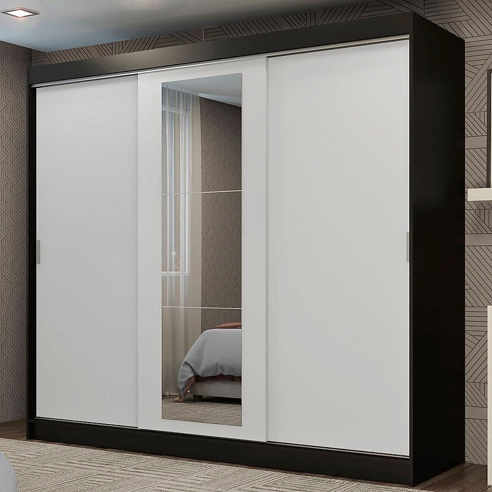 Guarda-roupa casal madesa kansas 3 portas de correr com espelho 3 gavetas preto/branco
