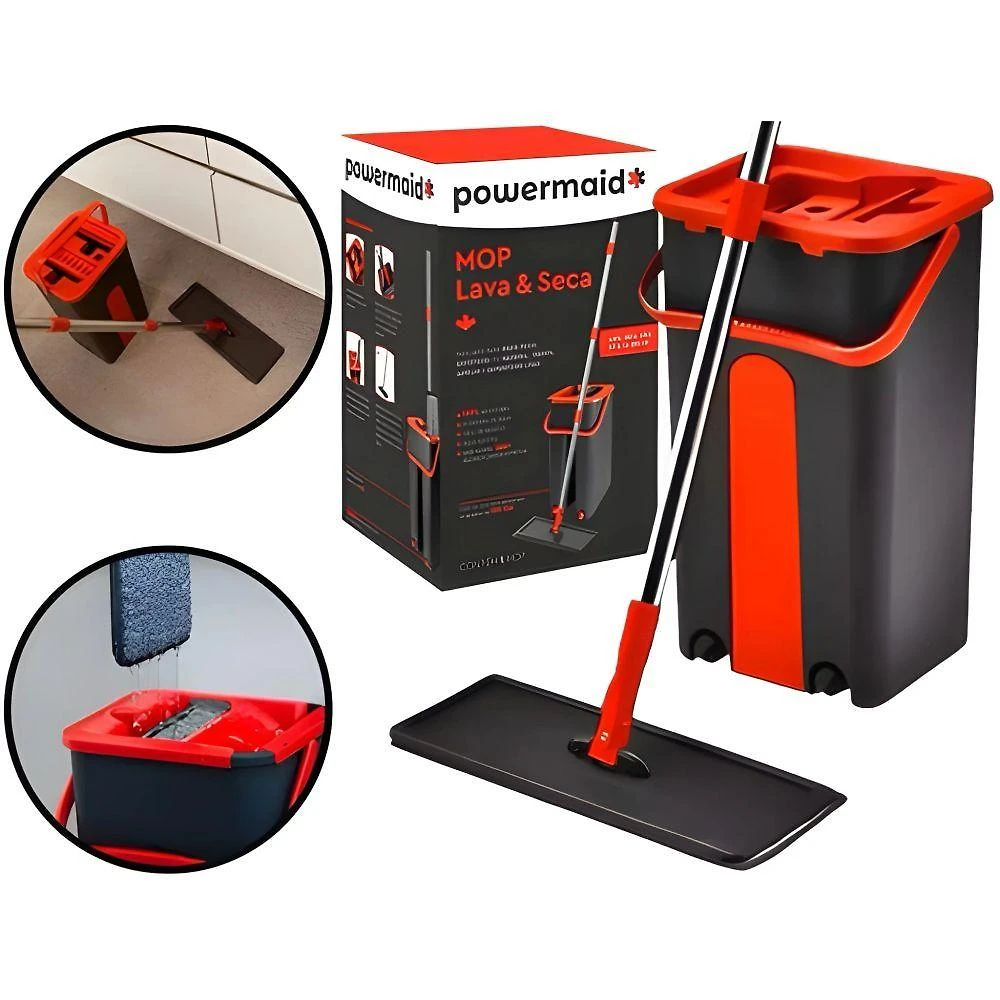 Mop Lava e Seca com Balde e Prensa Cabo Inox Base Flexível 360 graus  Vermelho Powermaid