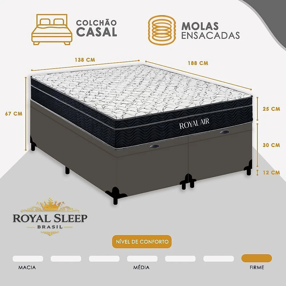 Cama Box Baú Casal 138cm Royal Air Pillow Top Molas Ensacadas Sintético Cinza Royal