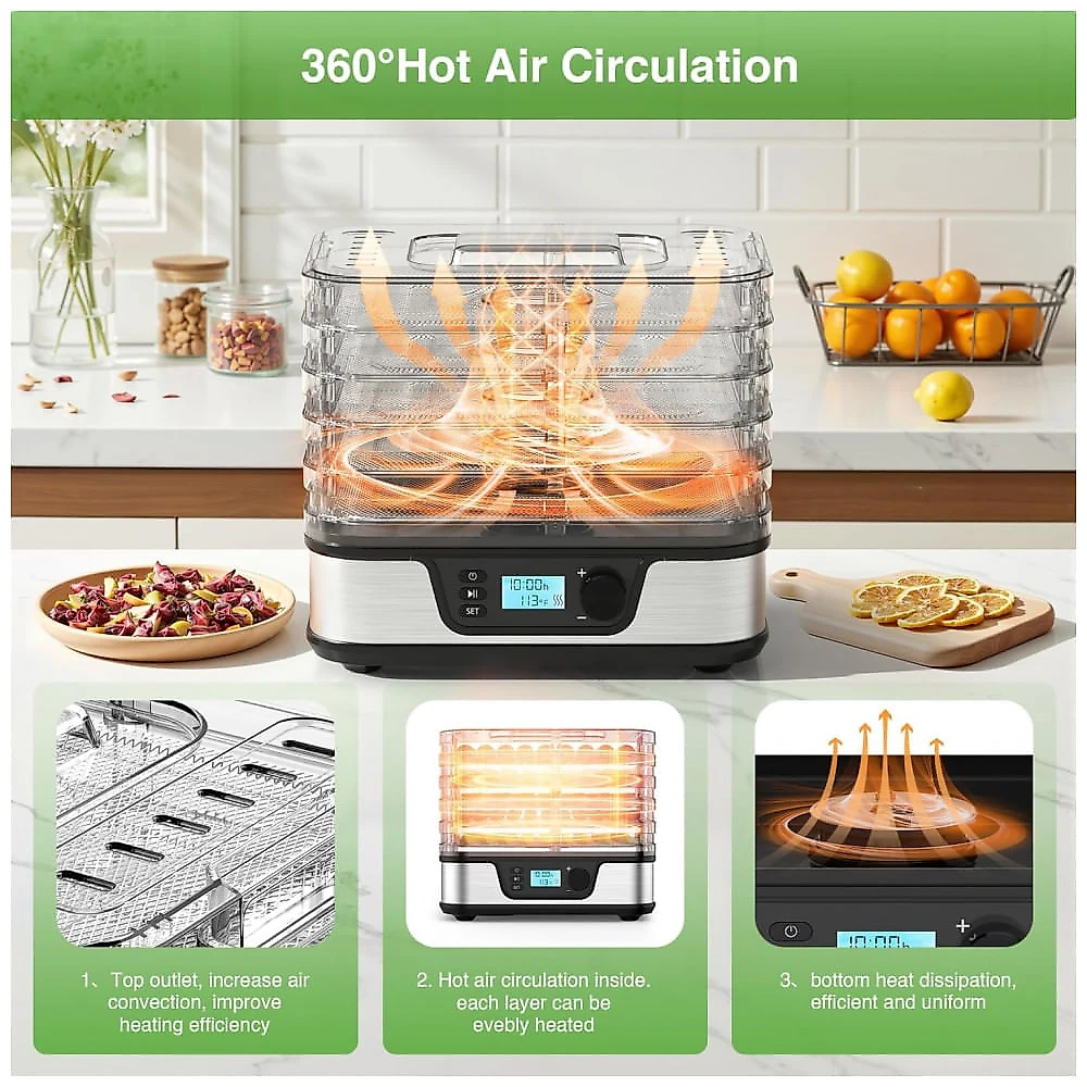 Desidratador de Alimentos Electactic 5 Bandejas Inox e Livre de BPA Temperatura Ajustável Timer 72H Prata