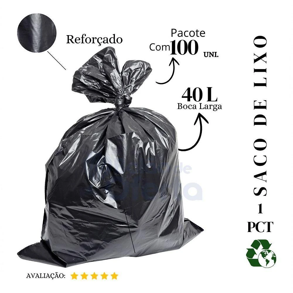 Saco de Lixo 40L Reforçado Preto Pct com 100 Unidades 60cm X 65cm Higipack