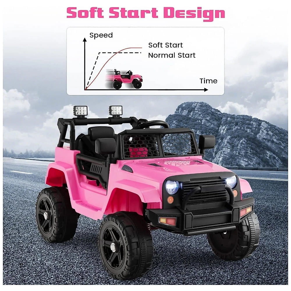 Caminhão Elétrico Infantil OLAKIDS Rosa 12V Jeep 2 Velocidades Controle Remoto Suspensão Porta Dupla LED Música USB MP3 TF
