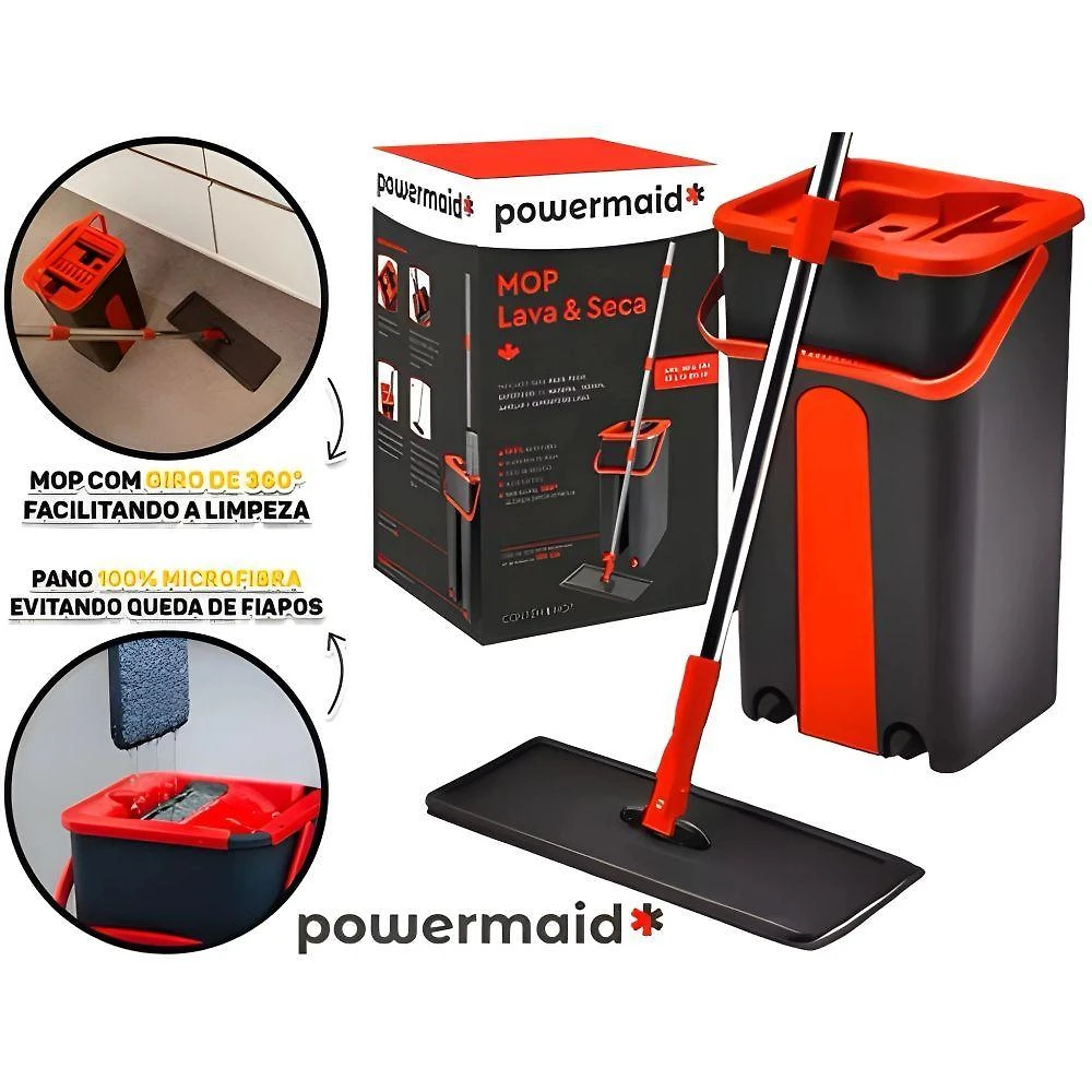 Mop Lava e Seca com Balde e Prensa Base Flexivel 360 Cabo Inox para Pisos Vermelho Powermaid