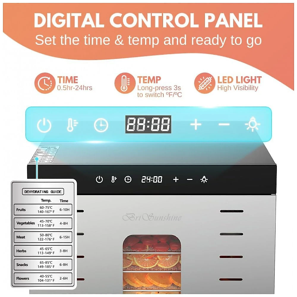 Desidratador de Alimentos BriSunshine 20 Bandejas Aço Inoxidável Comercial 1600W Timer 24h 110V