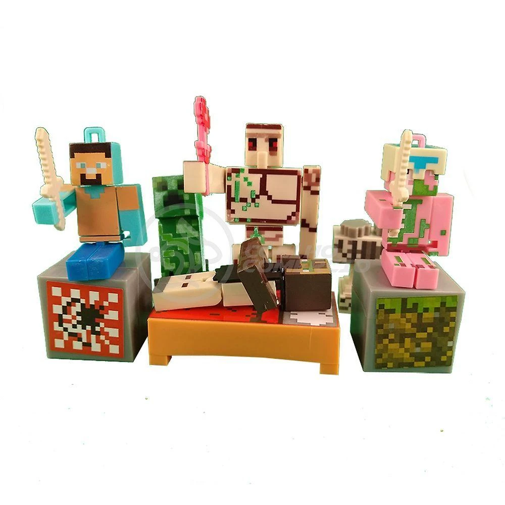 Kit Cartelado Conj. Minecraft 2 Bonecos+1 Villager+1 Enderman+1 Creeper+1 Cama+Espadas