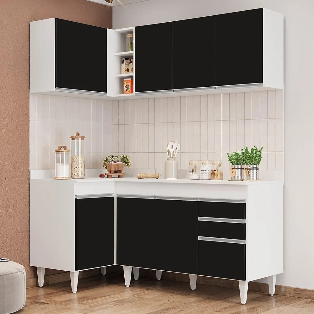 Miniatura Armário De Cozinha Modulado De Canto Direito 4 Peças Cp38 Balcão Com Tampo Branco/preto - Lumil