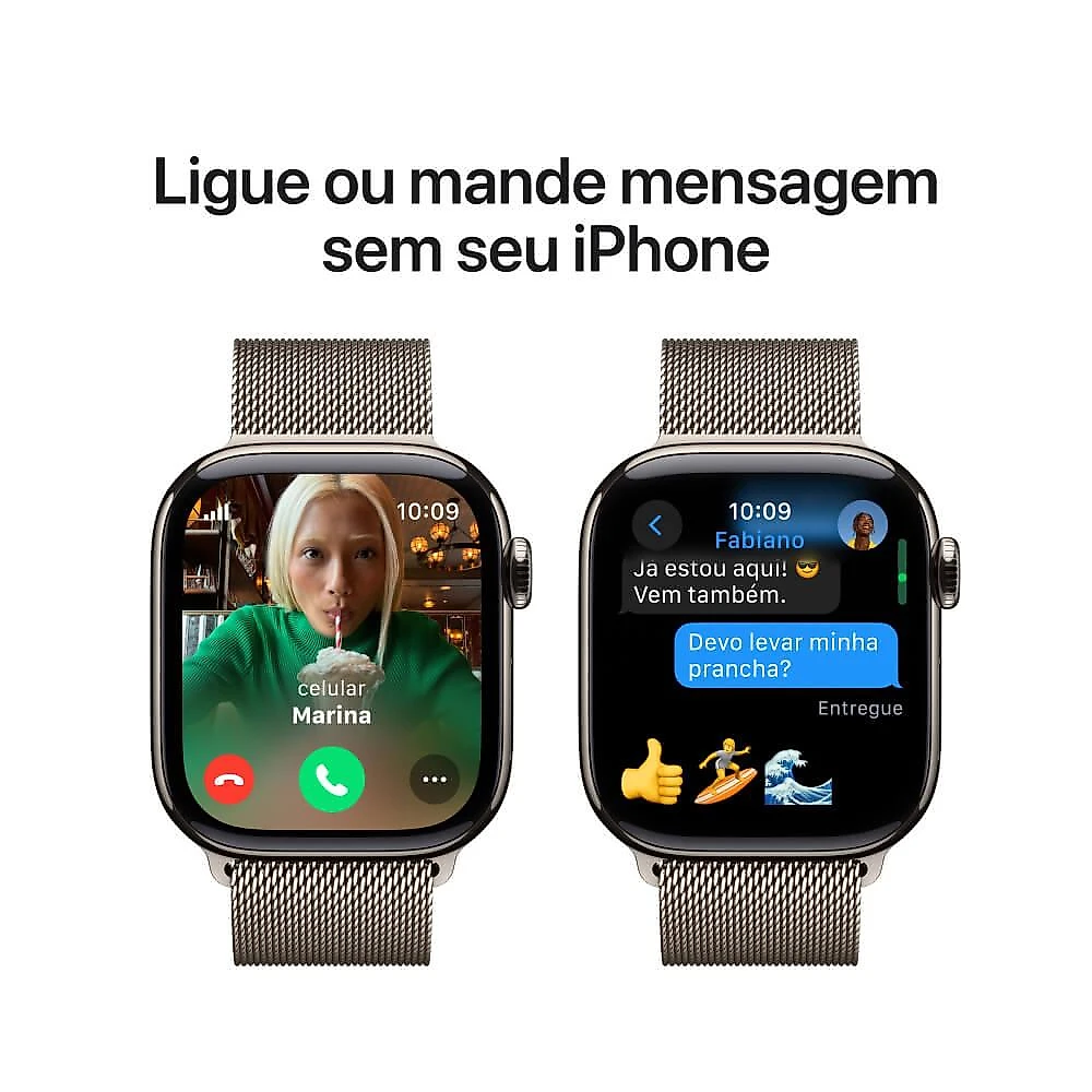 Apple Watch Series 10 GPS + Cellular • Caixa natural de titânio – 42 mm • Pulseira natural estilo milanês