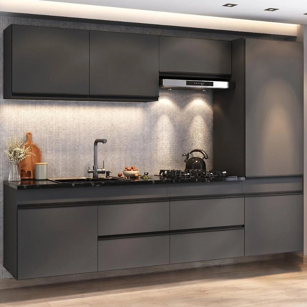 Cozinha Modulada Suspensa Milano MP2409 8 Portas 2 Gavetas 251,5cm Cinza Grafite Multimóveis