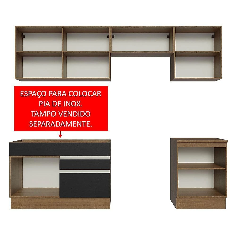 Armário De Cozinha 260Cm Rustic/Preto Glamy 05 Rustic/Preto