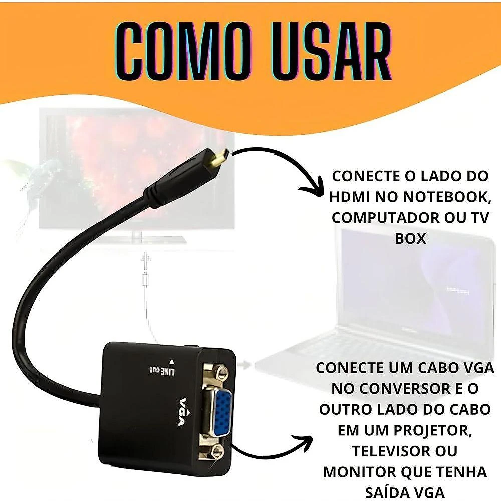 Cabo Conversor HDMI para VGA Adaptador com Áudio Estéreo P2 Plug And Play LF Presentes