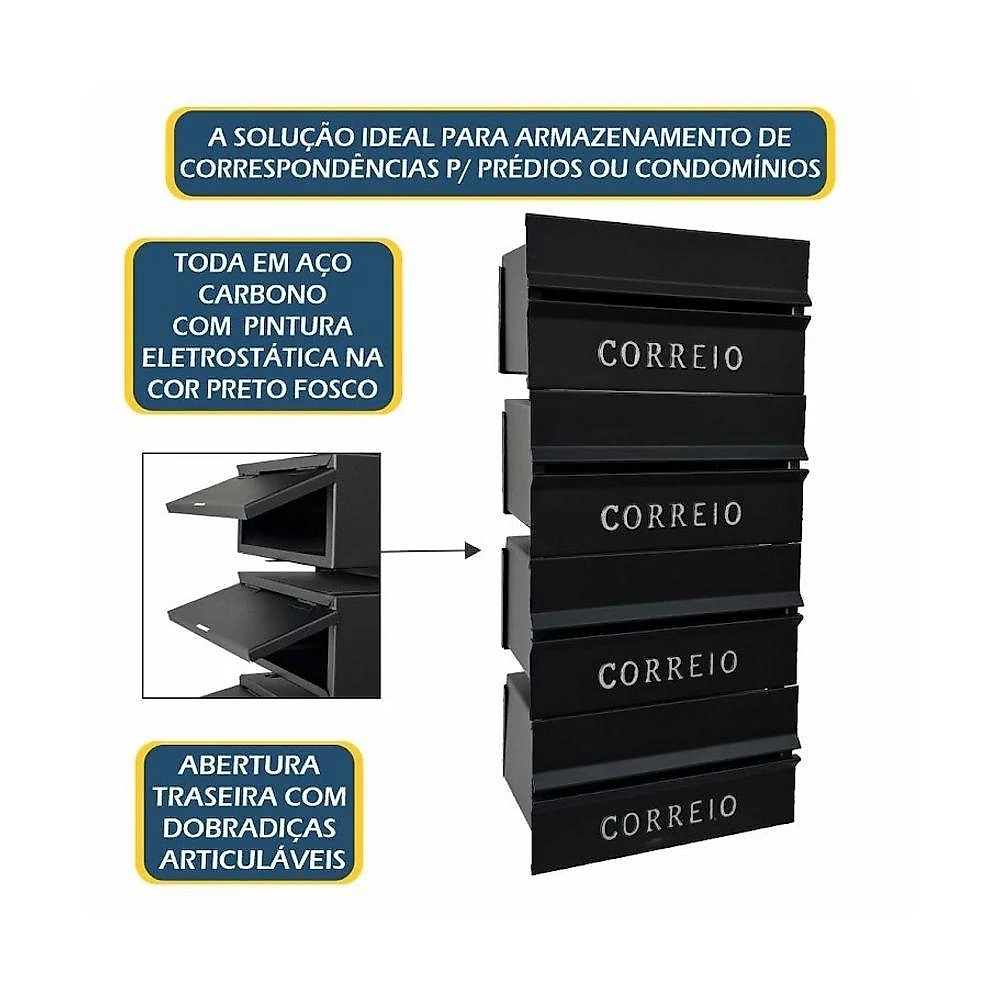 Caixa de Correio Condomínio 004POM com Abertura Traseira Preto Ouro Minas 25CM