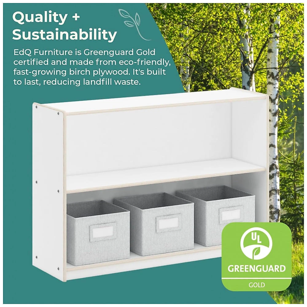 Estante baixa Guidecraft EdQ Two Shelf Open Storage 30" Branca com 2 prateleiras abertas e 3 caixas de tecido 107cm