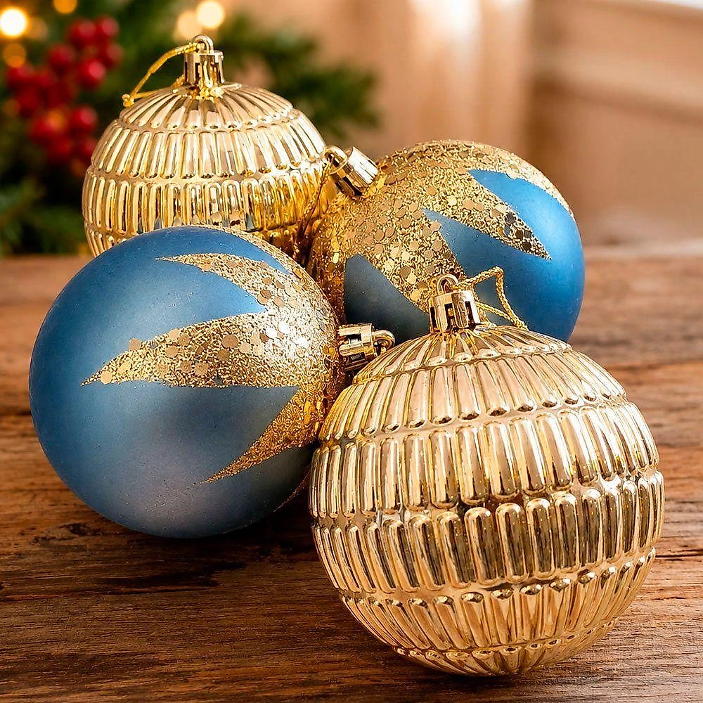 Enfeite Natalino Bolas de Natal Acabamento Azul e Dourado Kit 24 Bolas 8CM webcontinental-7899731383291
