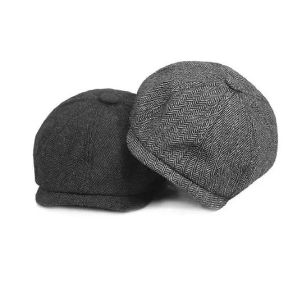 Boina Masculina OEM Inglesa Peaky Blinders 8 Gomos Chevron Lanoso 100% Lã Poliéster Cinza Preto