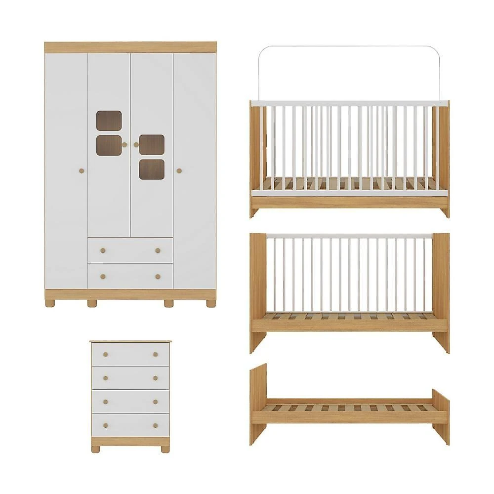 Quarto De Bebê Completo Com Berço 3 Em 1 Para Colchão 130x60cm Sol Multimóveis MP4522 Madeirado-branco
