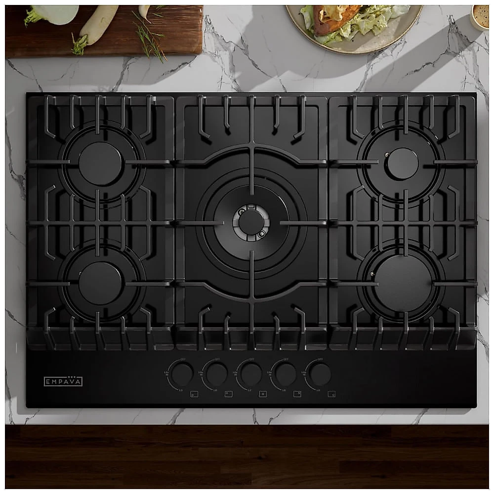 Cooktop a Gás Empava Preto 5 Bocas Vidro Temperado, Grelhas em Ferro Fundido, 76cm, Certificado CSA, 120V