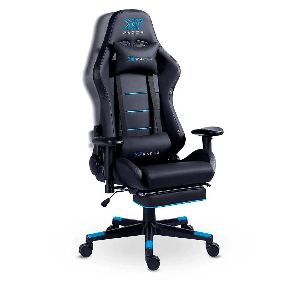 Cadeira Gamer XT Racer Attack, Até 120Kg, Reclinável, Apoio de Pés Retrátil, Cilindro de Gás Classe 4, Couro PU, Preta e Azul - XTR-058