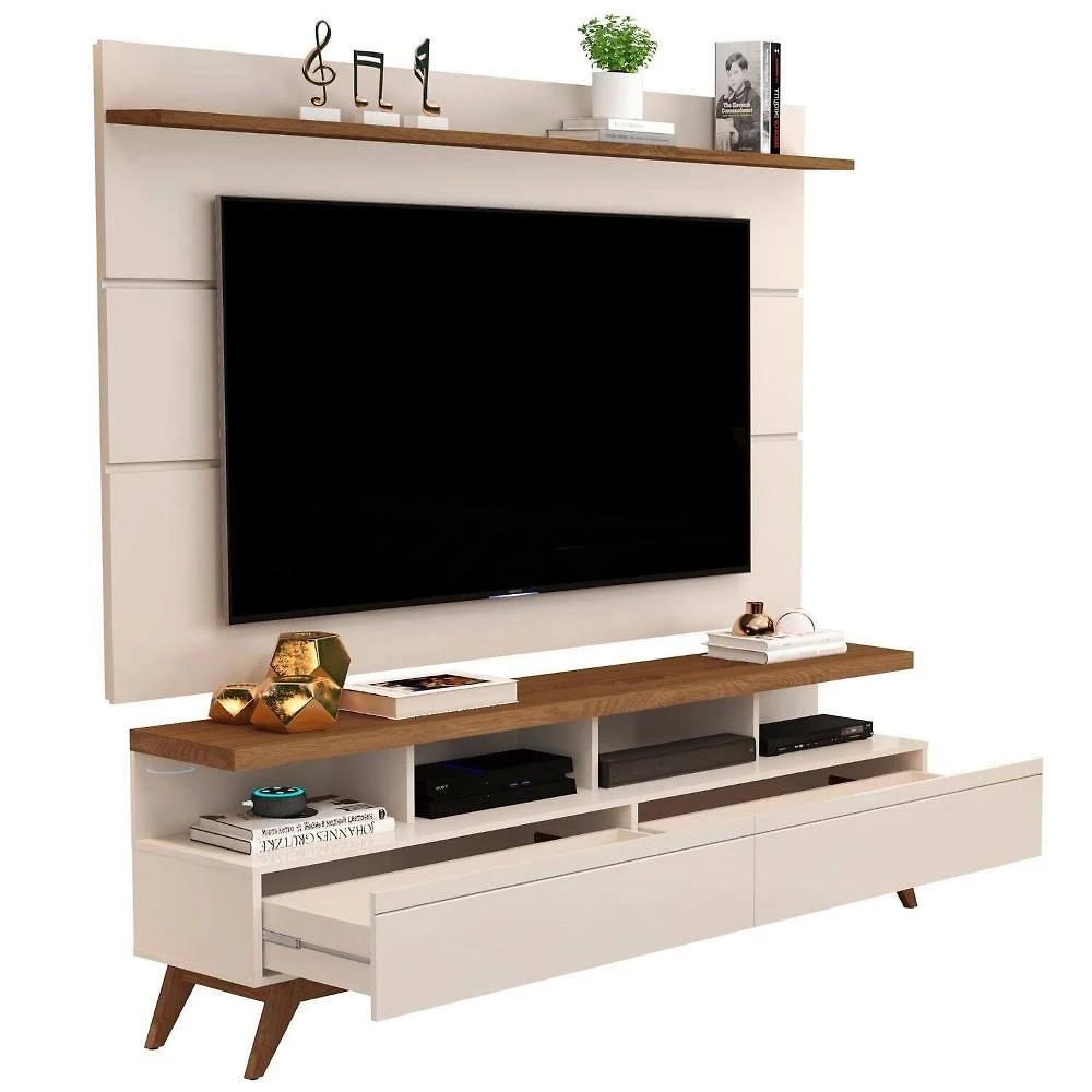 Miniatura Rack com Painel para Tv 60 Polegadas Pés em Madeira Maciça Off White/Freijó
