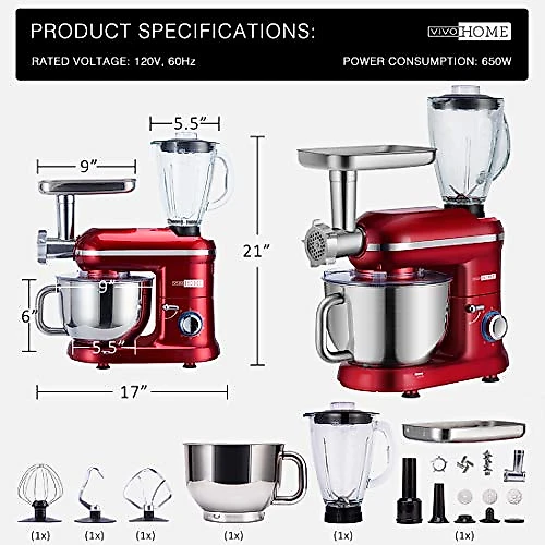 Batedeira VIVOHOME 3 em1 567L 6 Velocidades 650W Vermelho